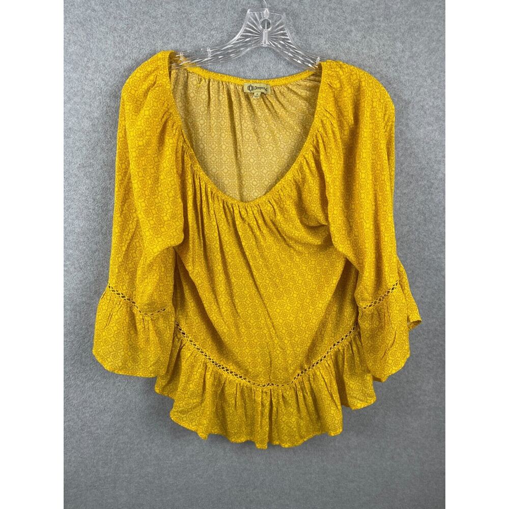 Democracy Top Women's S Yellow‎ Floral Print Scoop Neck Flutter Sleeve Ruffles